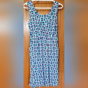 Garnet Hill knit geometric print tank style midi dress, full skirt, wrap bust